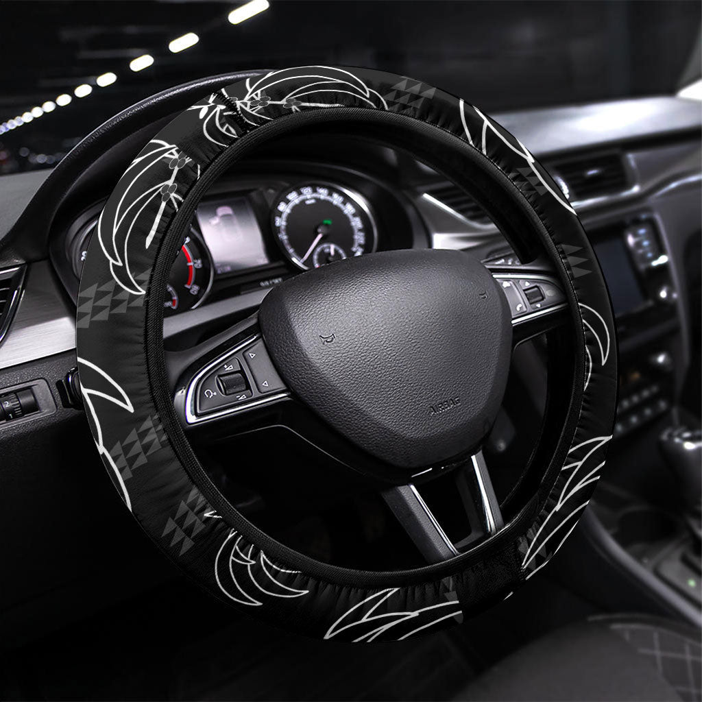 Aloha Hawaii Acacia Koa Leaves Steering Wheel Cover Black Kakau Tribal Pattern LT05 Universal Fit Black - Polynesian Pride