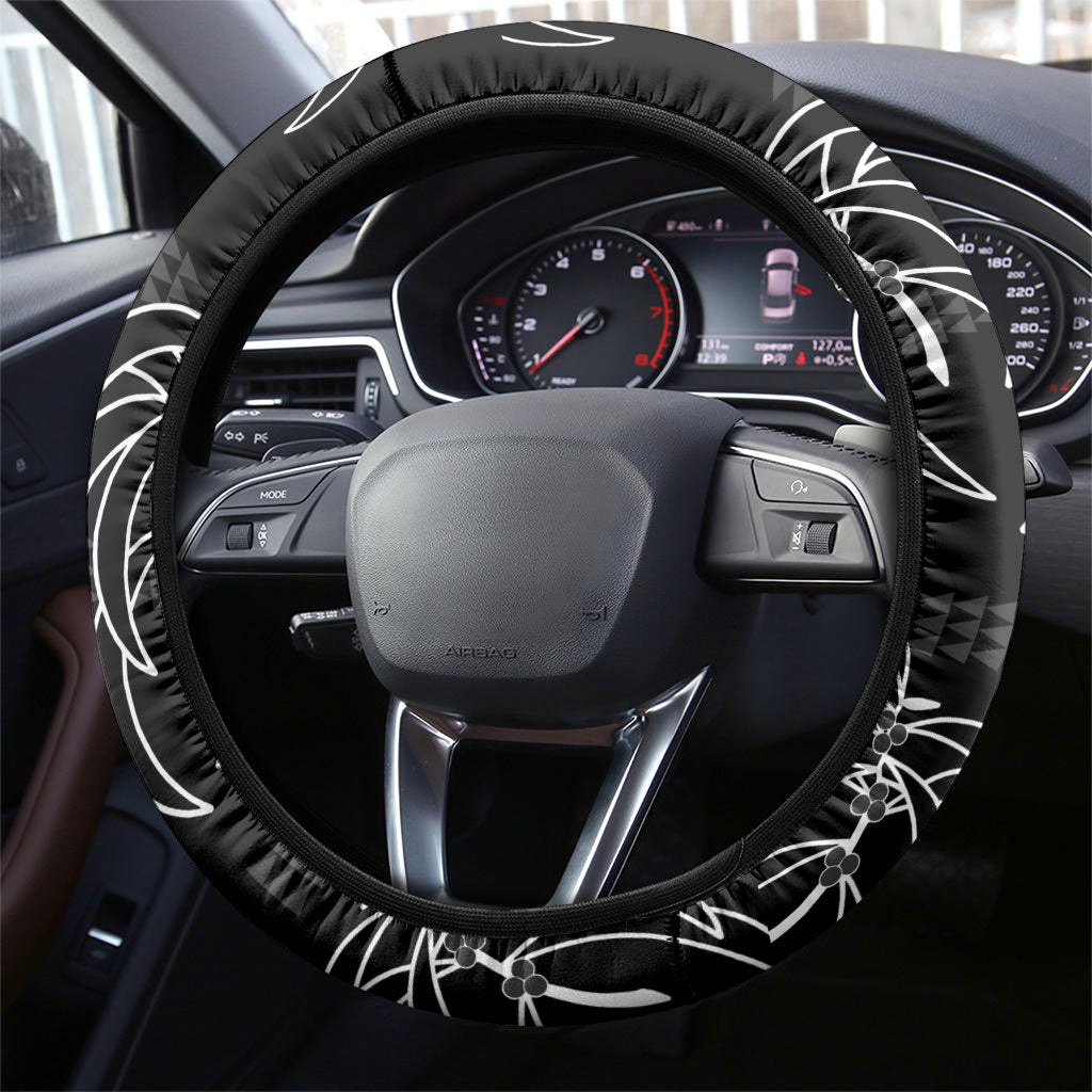 Aloha Hawaii Acacia Koa Leaves Steering Wheel Cover Black Kakau Tribal Pattern LT05 - Polynesian Pride