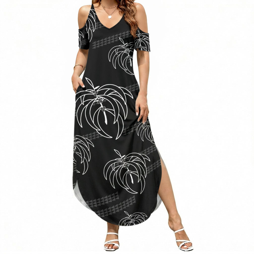 Aloha Hawaii Acacia Koa Leaves Summer Maxi Dress Black Kakau Tribal Pattern LT05 Women Black - Polynesian Pride