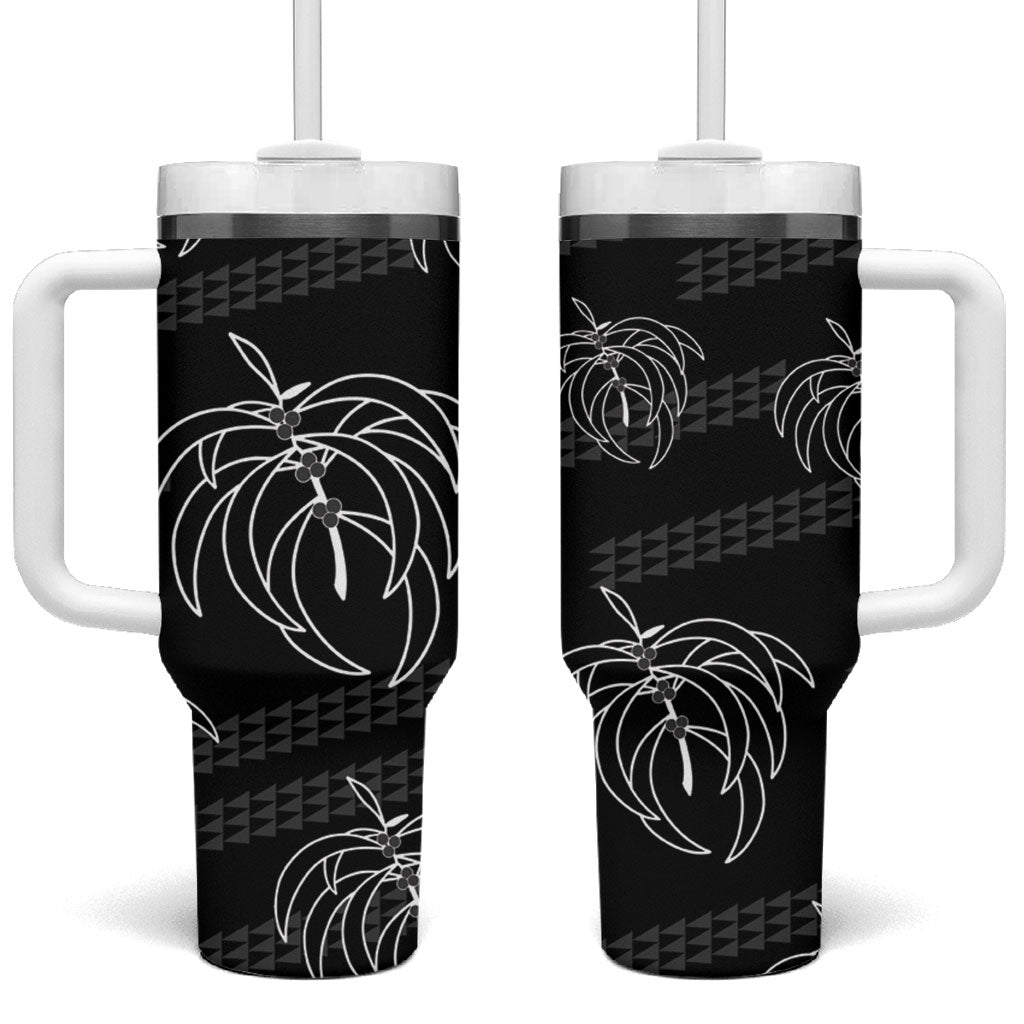 Aloha Hawaii Acacia Koa Leaves Tumbler With Handle Black Kakau Tribal Pattern LT05 One Size: 40 oz Black - Polynesian Pride