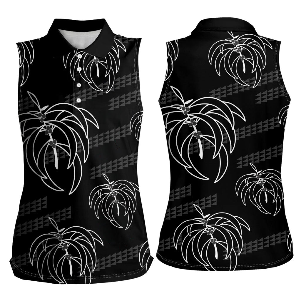Aloha Hawaii Acacia Koa Leaves Women Sleeveless Polo Shirt Black Kakau Tribal Pattern LT05 - Polynesian Pride