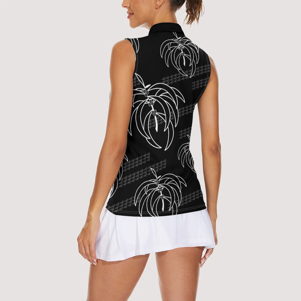 Aloha Hawaii Acacia Koa Leaves Women Sleeveless Polo Shirt Black Kakau Tribal Pattern LT05 - Polynesian Pride
