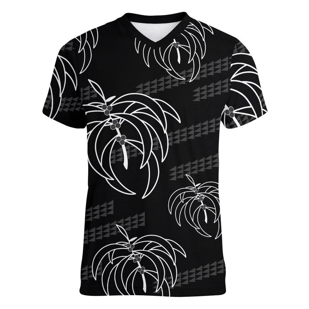 Aloha Hawaii Acacia Koa Leaves Women V-Neck T-Shirt Black Kakau Tribal Pattern LT05 Female Black - Polynesian Pride