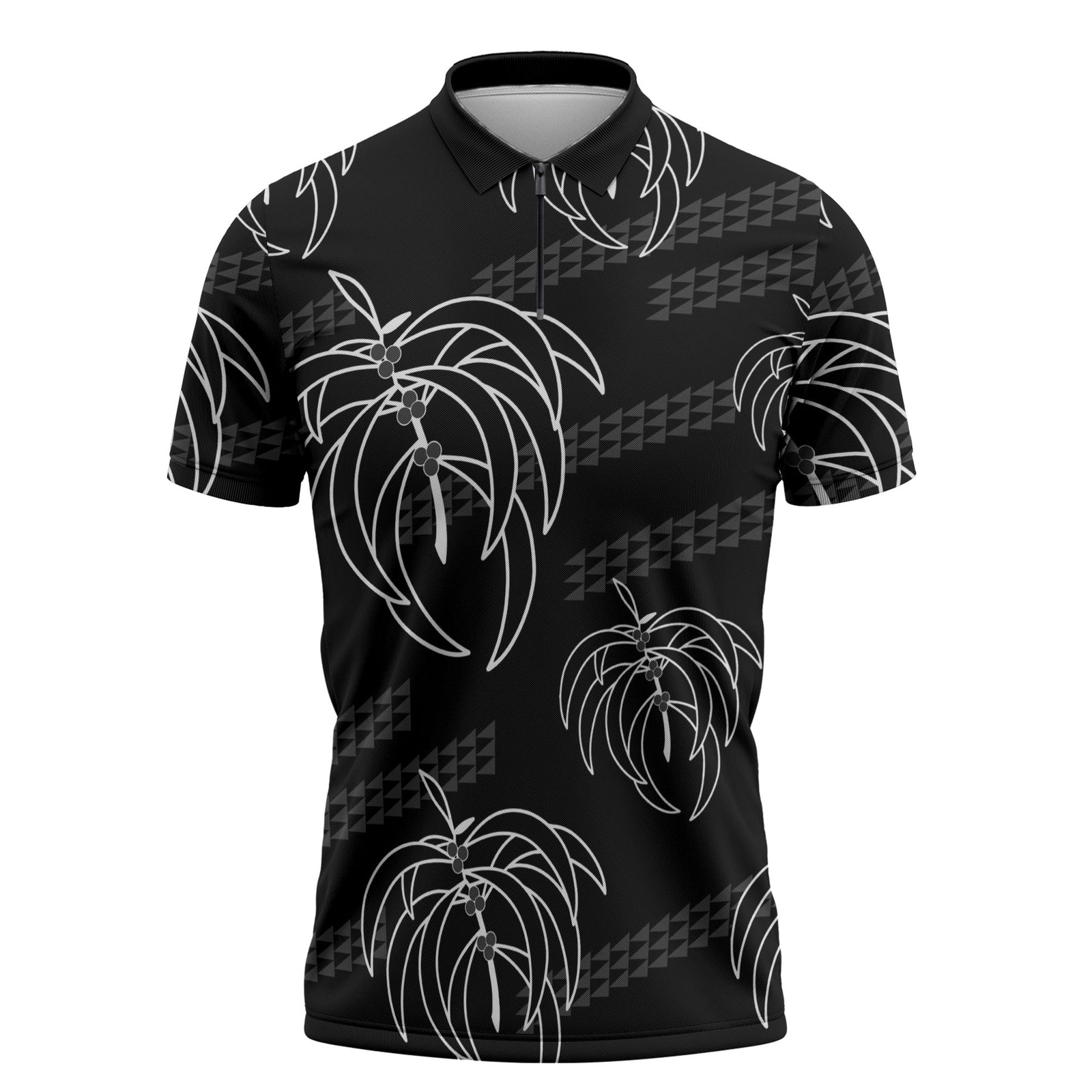 Aloha Hawaii Acacia Koa Leaves Zipper Polo Shirt Black Kakau Tribal Pattern LT05 Black - Polynesian Pride