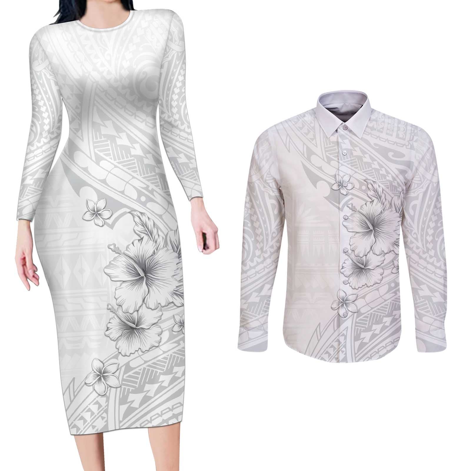 Lotu Tamaiti Samoa Couples Matching Long Sleeve Bodycon Dress and Long Sleeve Button Shirt White Sunday Polynesian Tribal Pattern Elegant Style