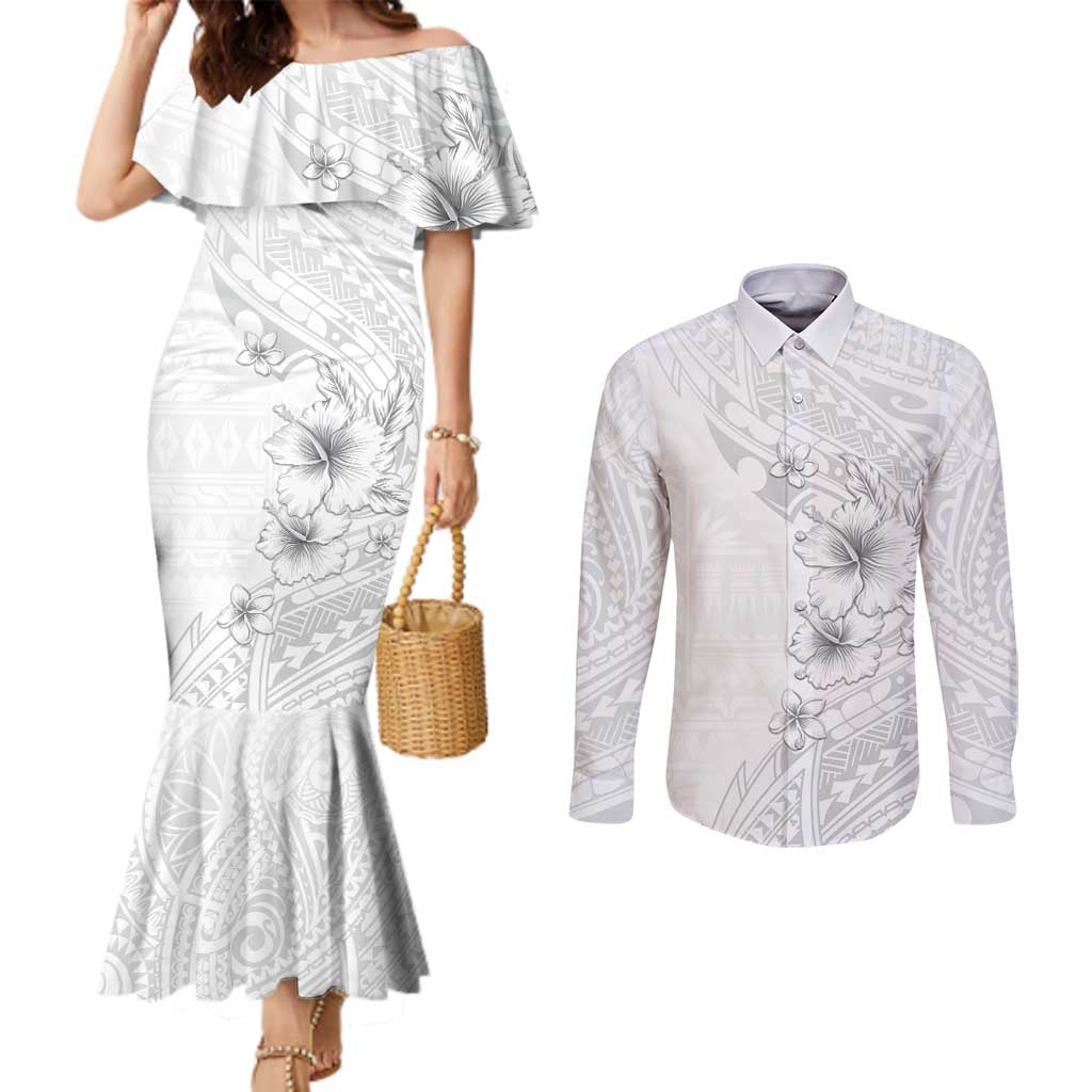 Lotu Tamaiti Samoa Couples Matching Mermaid Dress and Long Sleeve Button Shirt White Sunday Polynesian Tribal Pattern Elegant Style