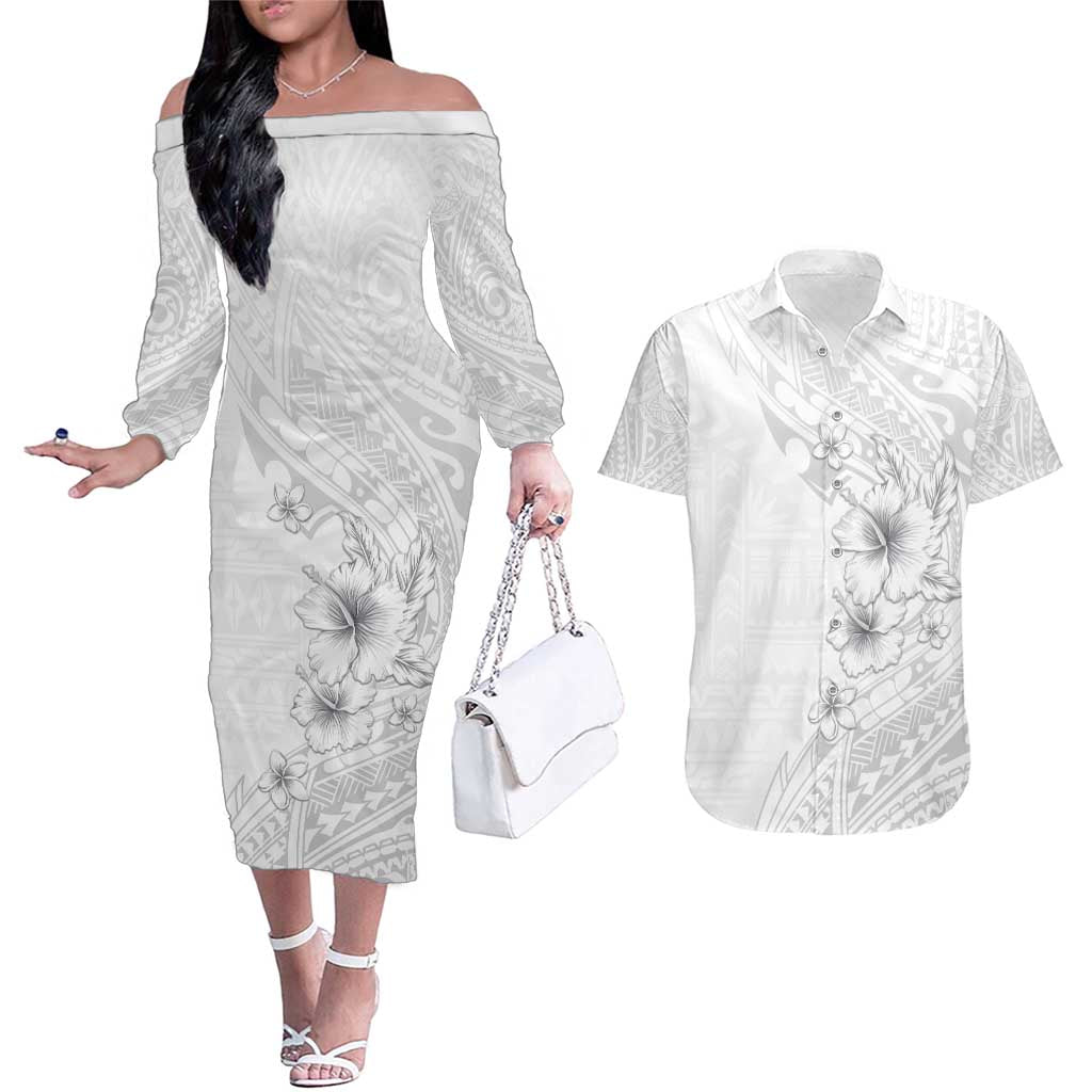 Lotu Tamaiti Samoa Couples Matching Off The Shoulder Long Sleeve Dress and Hawaiian Shirt White Sunday Polynesian Tribal Pattern Elegant Style