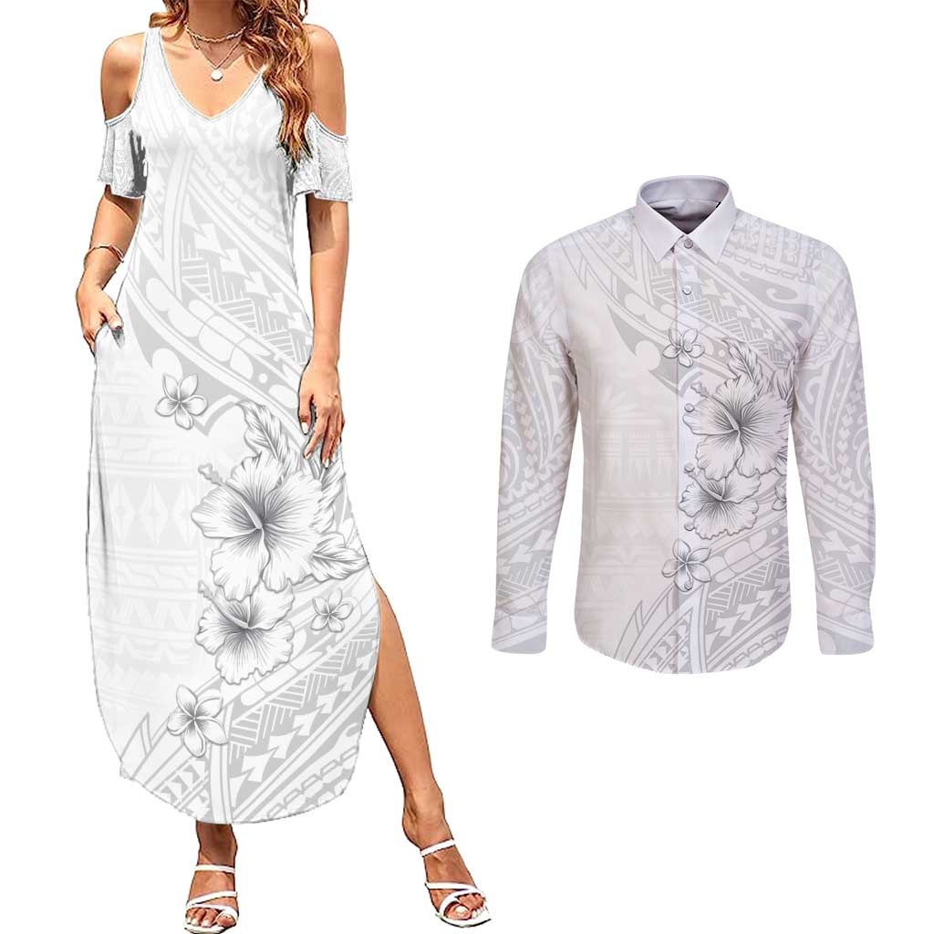 Lotu Tamaiti Samoa Couples Matching Summer Maxi Dress and Long Sleeve Button Shirt White Sunday Polynesian Tribal Pattern Elegant Style