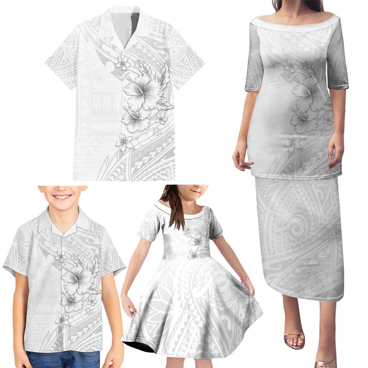 Lotu Tamaiti Samoa Family Matching Puletasi and Hawaiian Shirt White Sunday Polynesian Tribal Pattern Elegant Style