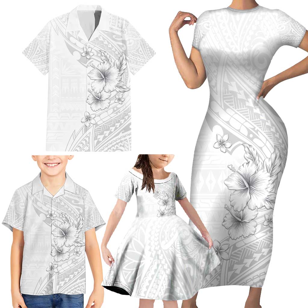 Lotu Tamaiti Samoa Family Matching Short Sleeve Bodycon Dress and Hawaiian Shirt White Sunday Polynesian Tribal Pattern Elegant Style