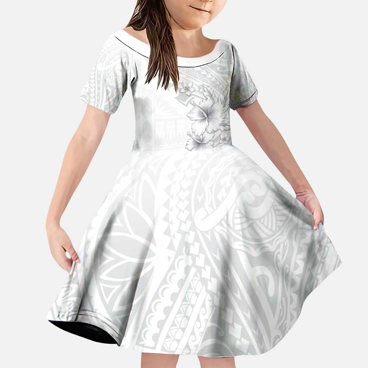 Lotu Tamaiti Samoa Kid Short Sleeve Dress White Sunday Polynesian Tribal Pattern Elegant Style