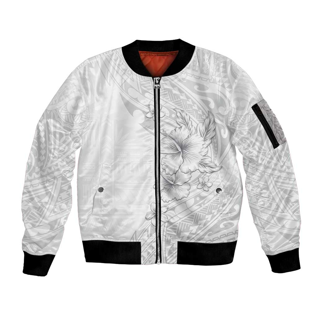 Lotu Tamaiti Samoa Sleeve Zip Bomber Jacket White Sunday Polynesian Tribal Pattern Elegant Style