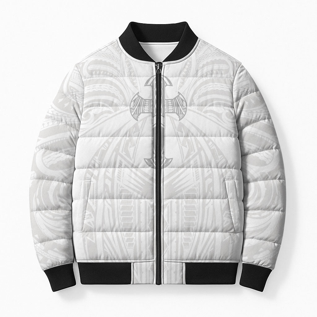Samoa Christian Bomber Puffer Jacket Rooted In Christ Polynesian Cross LT05 Unisex White - Polynesian Pride