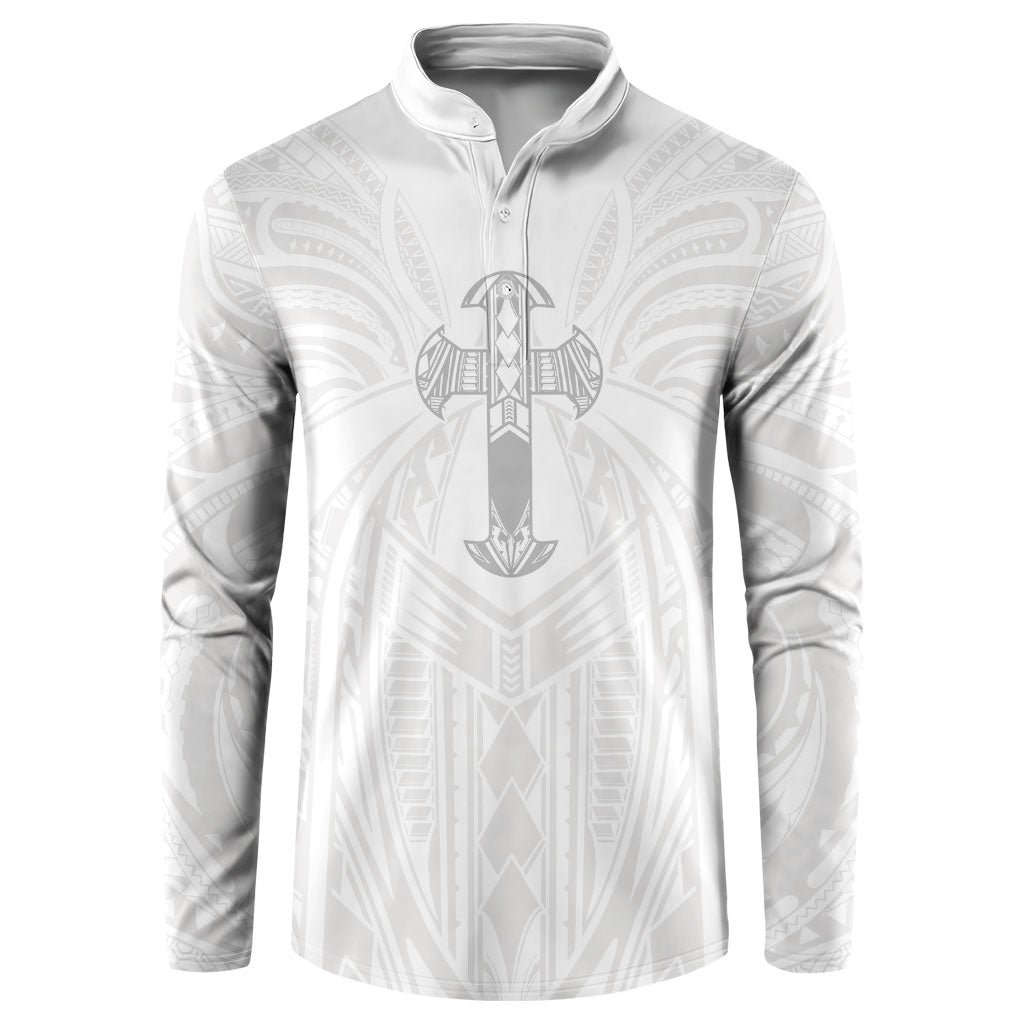 Samoa Christian Button Sweatshirt Rooted In Christ Polynesian Cross LT05 White - Polynesian Pride