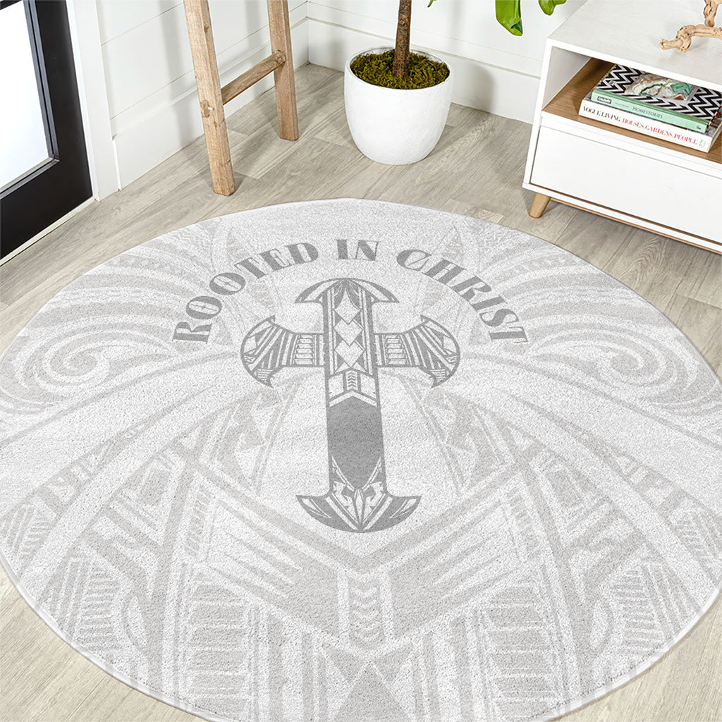 Samoa Christian Round Carpet Rooted In Christ Polynesian Cross LT05 White - Polynesian Pride