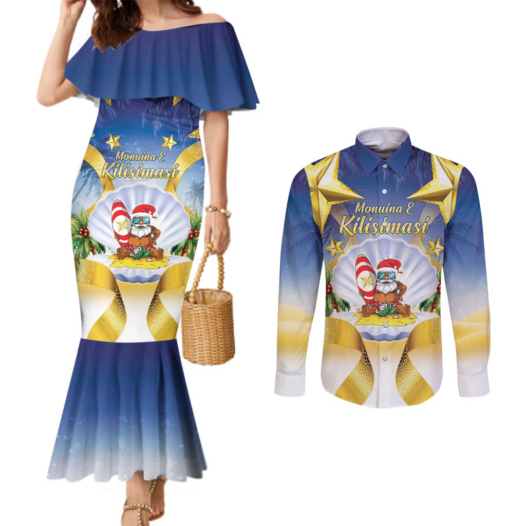 Niue Christmas Couples Matching Mermaid Dress and Long Sleeve Button Shirt Seashell Santa Beach Vibes - Polynesian Pride