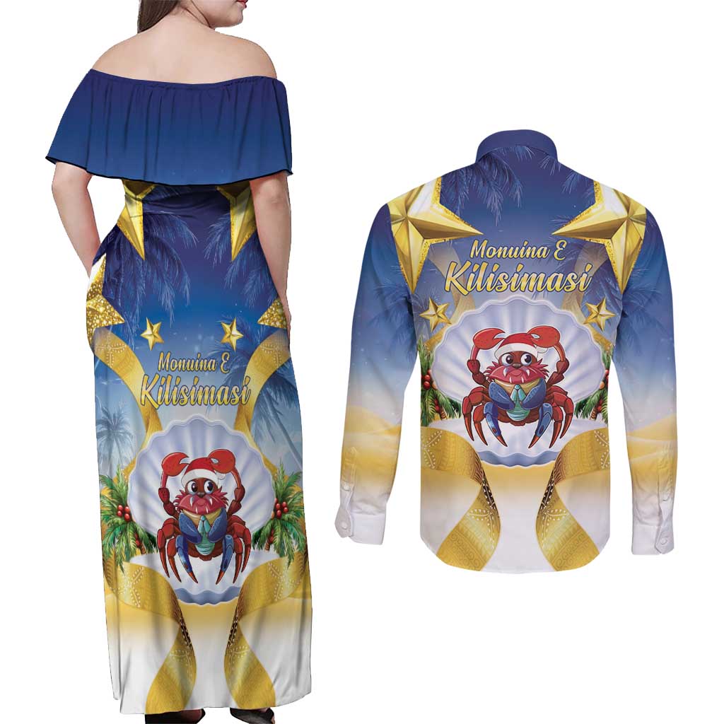 Niue Christmas Couples Matching Off Shoulder Maxi Dress and Long Sleeve Button Shirt Seashell Santa Beach Vibes - Polynesian Pride