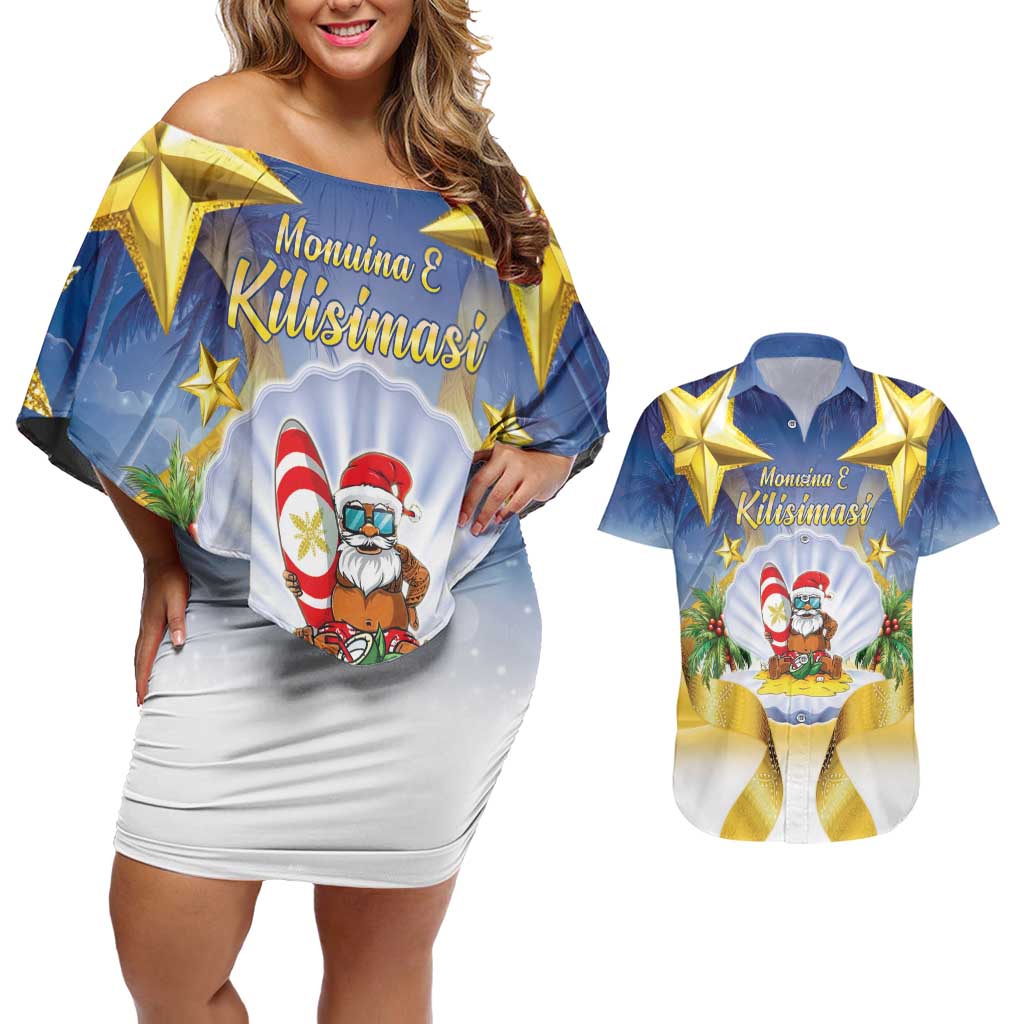 Niue Christmas Couples Matching Off Shoulder Short Dress and Hawaiian Shirt Seashell Santa Beach Vibes - Polynesian Pride