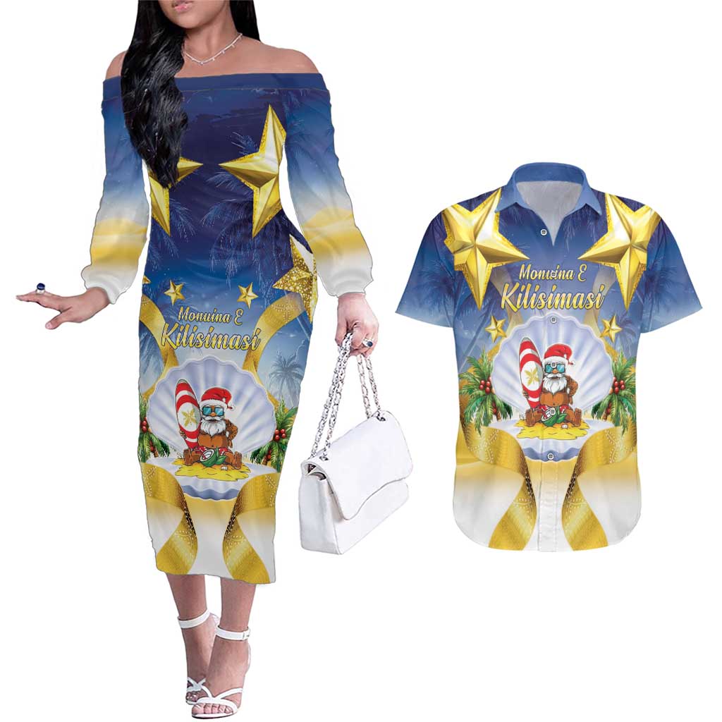 Niue Christmas Couples Matching Off The Shoulder Long Sleeve Dress and Hawaiian Shirt Seashell Santa Beach Vibes - Polynesian Pride