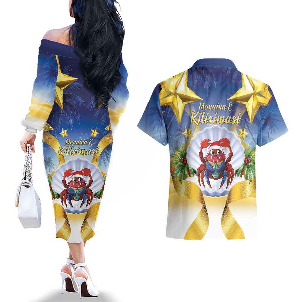 Niue Christmas Couples Matching Off The Shoulder Long Sleeve Dress and Hawaiian Shirt Seashell Santa Beach Vibes - Polynesian Pride