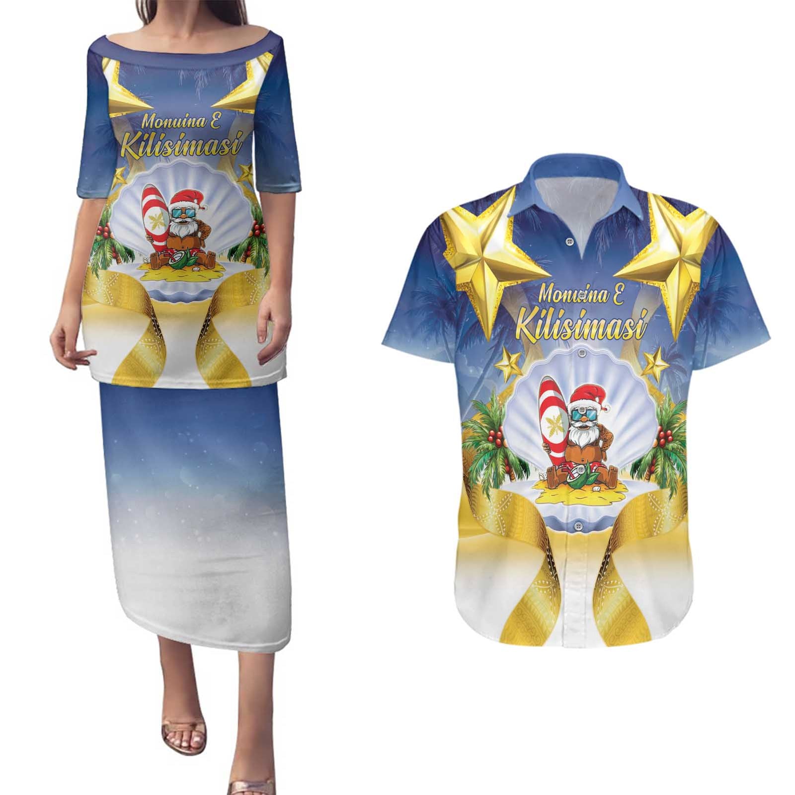 Niue Christmas Couples Matching Puletasi and Hawaiian Shirt Seashell Santa Beach Vibes - Polynesian Pride