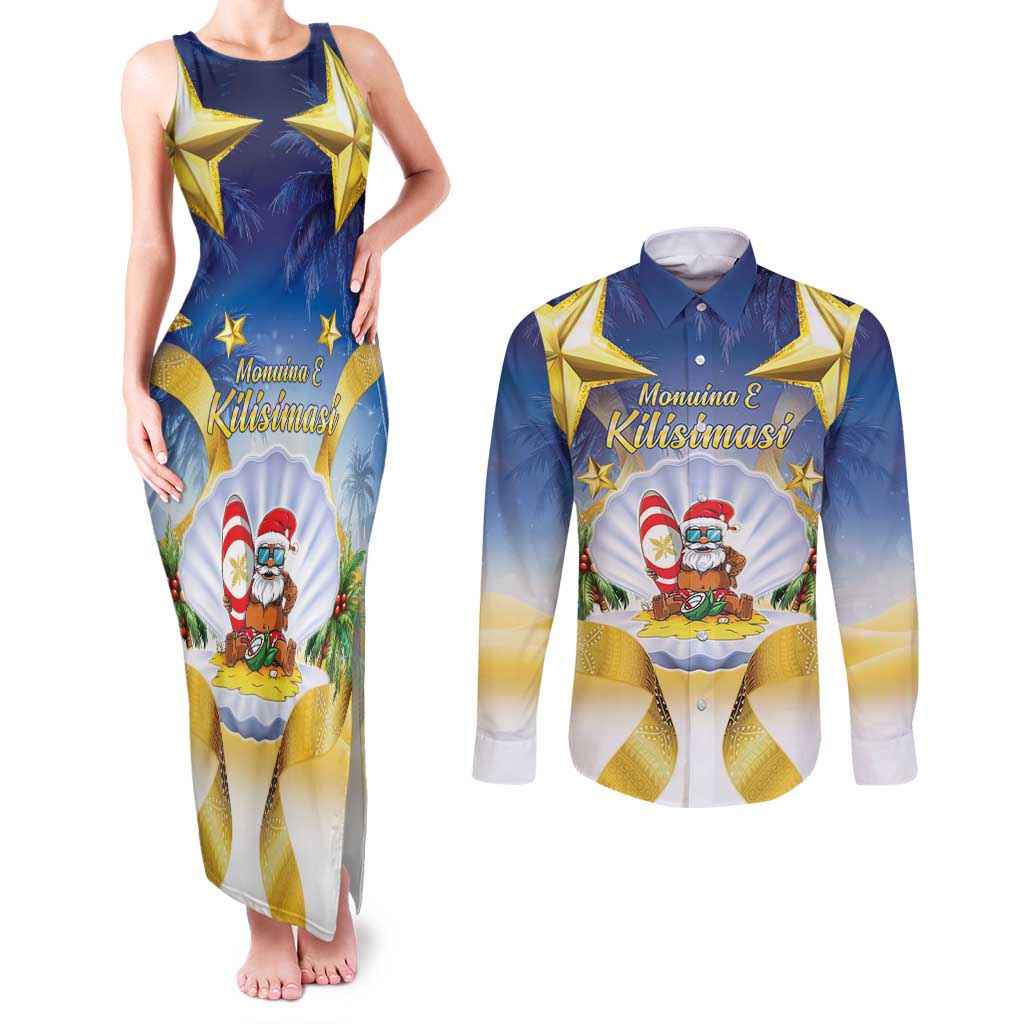 Niue Christmas Couples Matching Tank Maxi Dress and Long Sleeve Button Shirt Seashell Santa Beach Vibes - Polynesian Pride