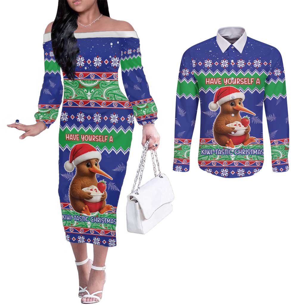 New Zealand Christmas Couples Matching Off The Shoulder Long Sleeve Dress and Long Sleeve Button Shirt Have Yourself A Kiwi-tastic Christmas - Polynesian Pride