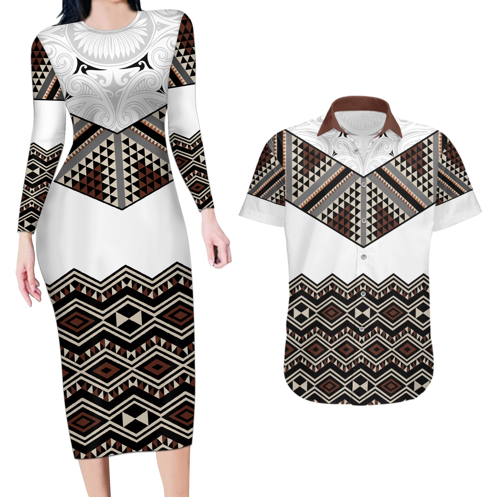 New Zealand Aotearoa Couples Matching Long Sleeve Bodycon Dress and Hawaiian Shirt Taniko Art Simple Style LT05 Brown - Polynesian Pride