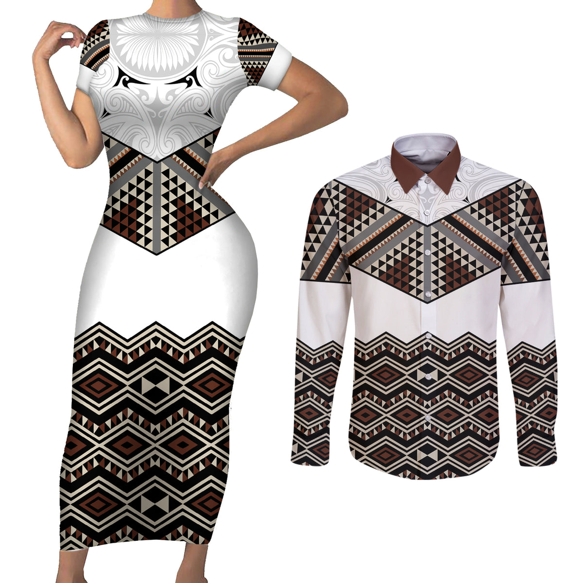 New Zealand Aotearoa Couples Matching Short Sleeve Bodycon Dress and Long Sleeve Button Shirt Taniko Art Simple Style LT05 Brown - Polynesian Pride