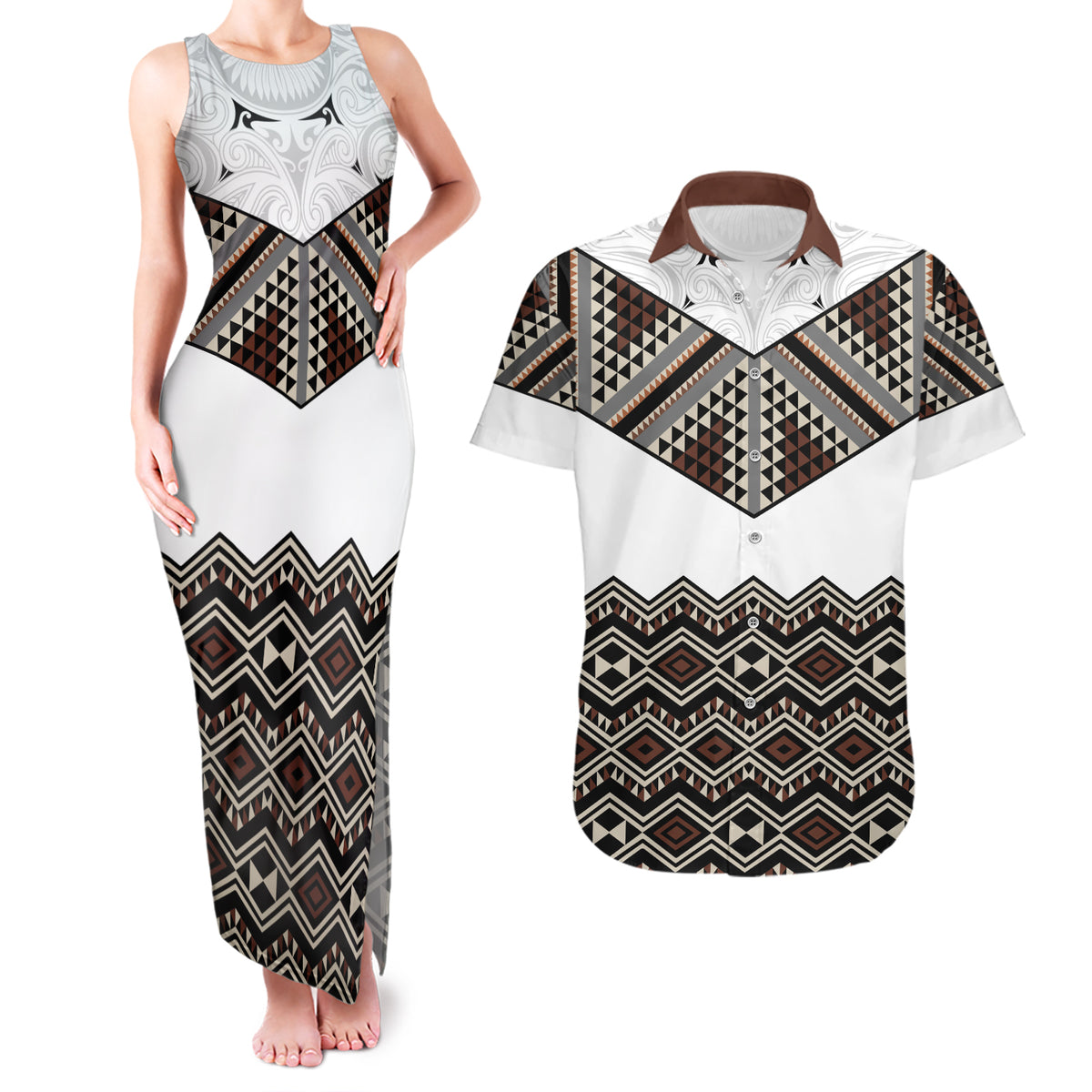 New Zealand Aotearoa Couples Matching Tank Maxi Dress and Hawaiian Shirt Taniko Art Simple Style LT05 Brown - Polynesian Pride