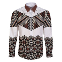 New Zealand Aotearoa Family Matching Off Shoulder Long Sleeve Dress and Hawaiian Shirt Taniko Art Simple Style LT05 Dad's Shirt - Long Sleeve Brown - Polynesian Pride