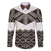 New Zealand Aotearoa Family Matching Puletasi Dress and Hawaiian Shirt Taniko Art Simple Style LT05 Dad's Shirt - Long Sleeve Brown - Polynesian Pride