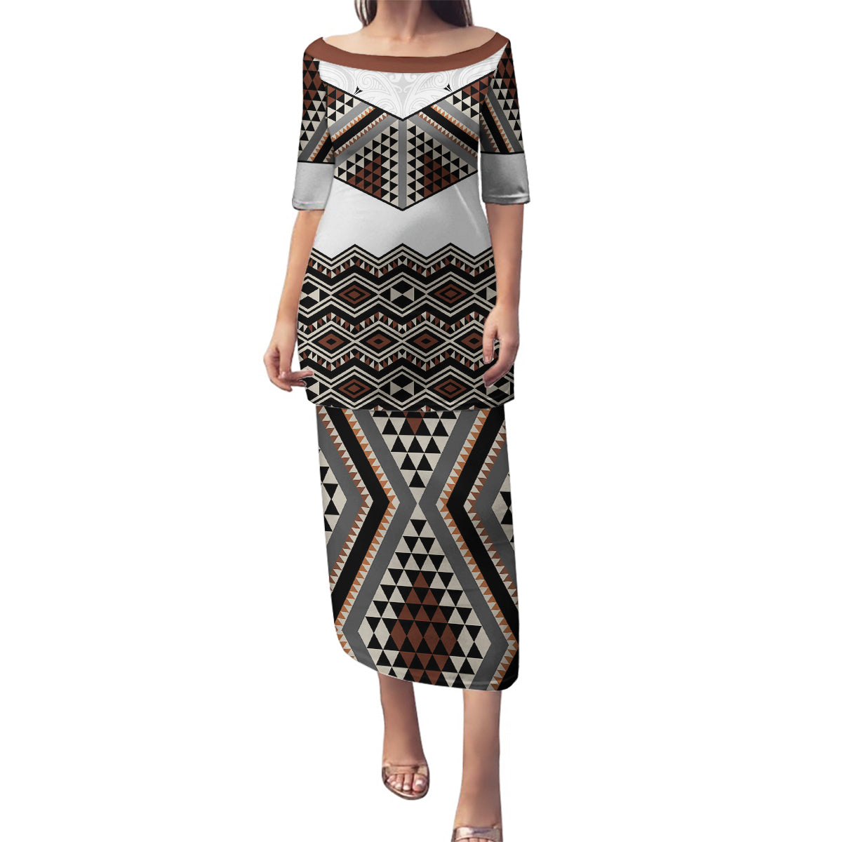 New Zealand Aotearoa Family Matching Puletasi Dress and Hawaiian Shirt Taniko Art Simple Style LT05 Mom's Dress Brown - Polynesian Pride