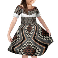New Zealand Aotearoa Family Matching Tank Maxi Dress and Hawaiian Shirt Taniko Art Simple Style LT05 Daughter's Dress Brown - Polynesian Pride