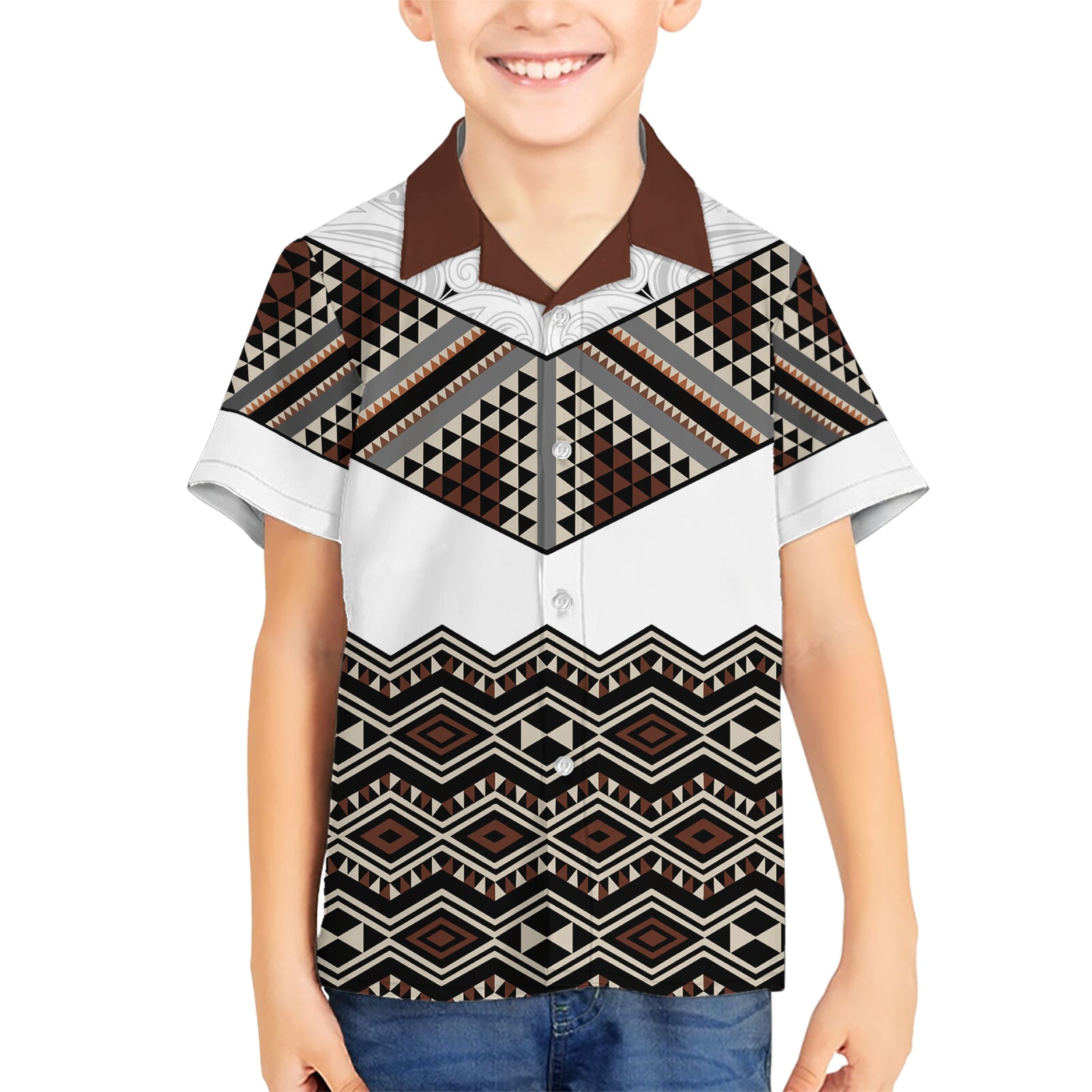 New Zealand Aotearoa Kid Hawaiian Shirt Taniko Art Simple Style LT05 Kid Brown - Polynesian Pride