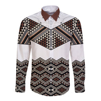 New Zealand Aotearoa Long Sleeve Button Shirt Taniko Art Simple Style LT05 Unisex Brown - Polynesian Pride