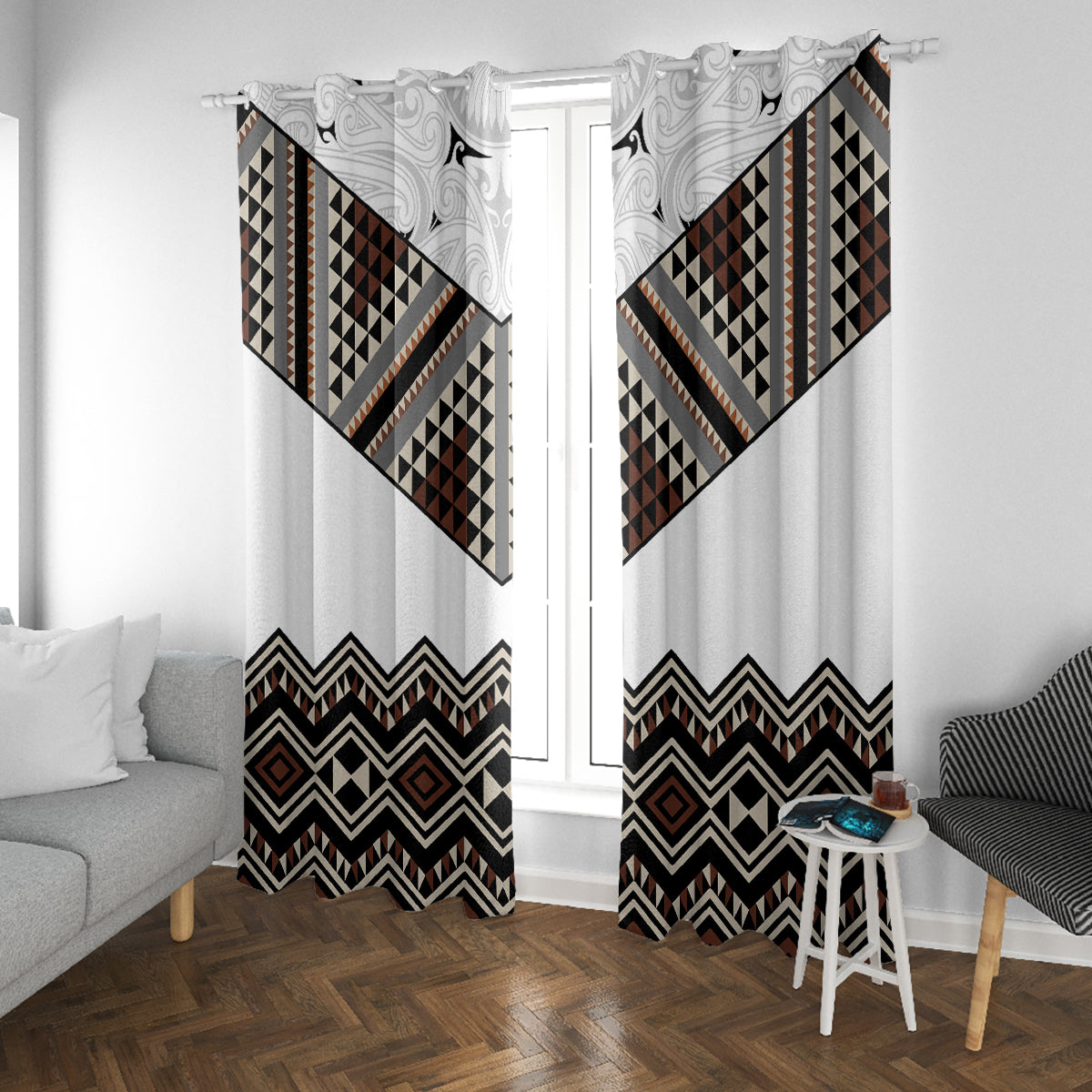 New Zealand Aotearoa Window Curtain Taniko Art Simple Style LT05 With Grommets Brown - Polynesian Pride