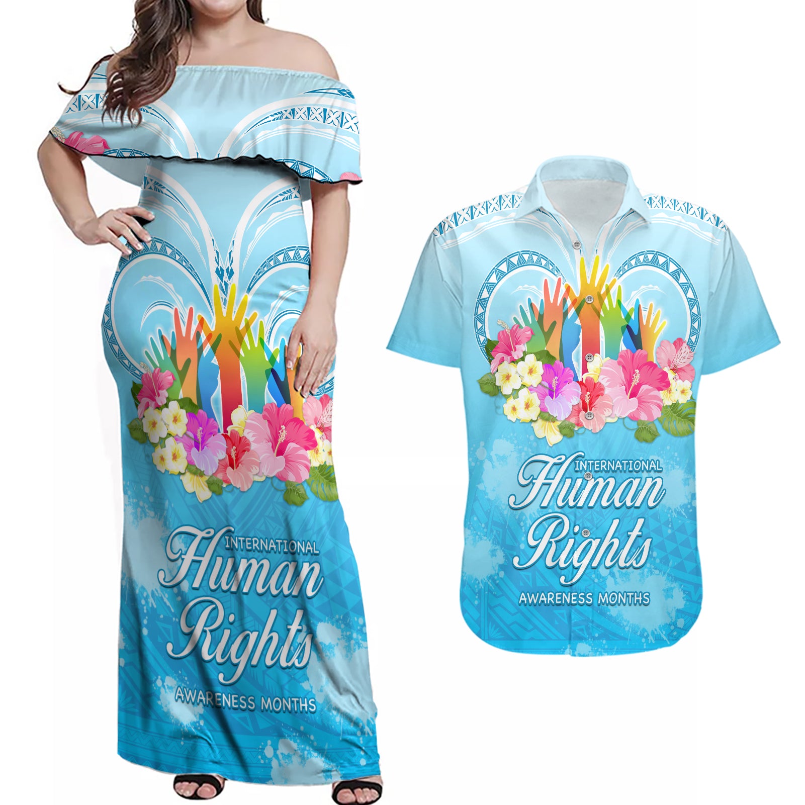 Universal Human Rights Month Couples Matching Off Shoulder Maxi Dress and Hawaiian Shirt Polynesian Style LT05 Blue - Polynesian Pride