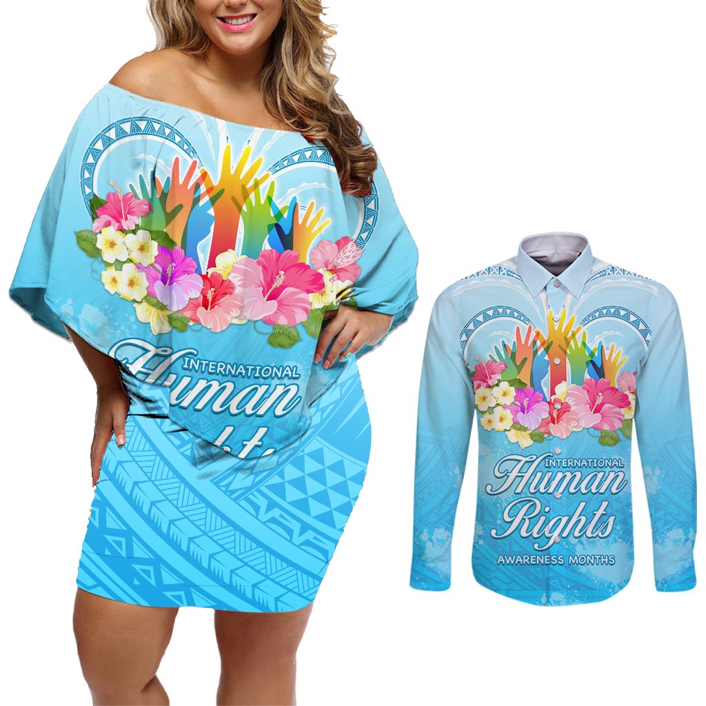 Universal Human Rights Month Couples Matching Off Shoulder Short Dress and Long Sleeve Button Shirt Polynesian Style LT05 Blue - Polynesian Pride