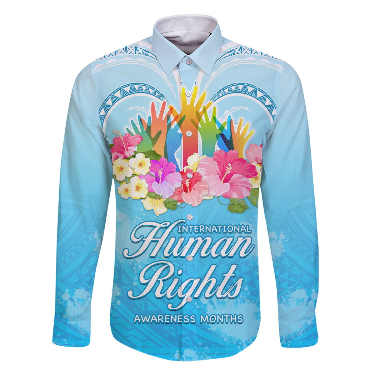 Universal Human Rights Month Family Matching Off Shoulder Short Dress and Hawaiian Shirt Polynesian Style LT05 Dad's Shirt - Long Sleeve Blue - Polynesian Pride