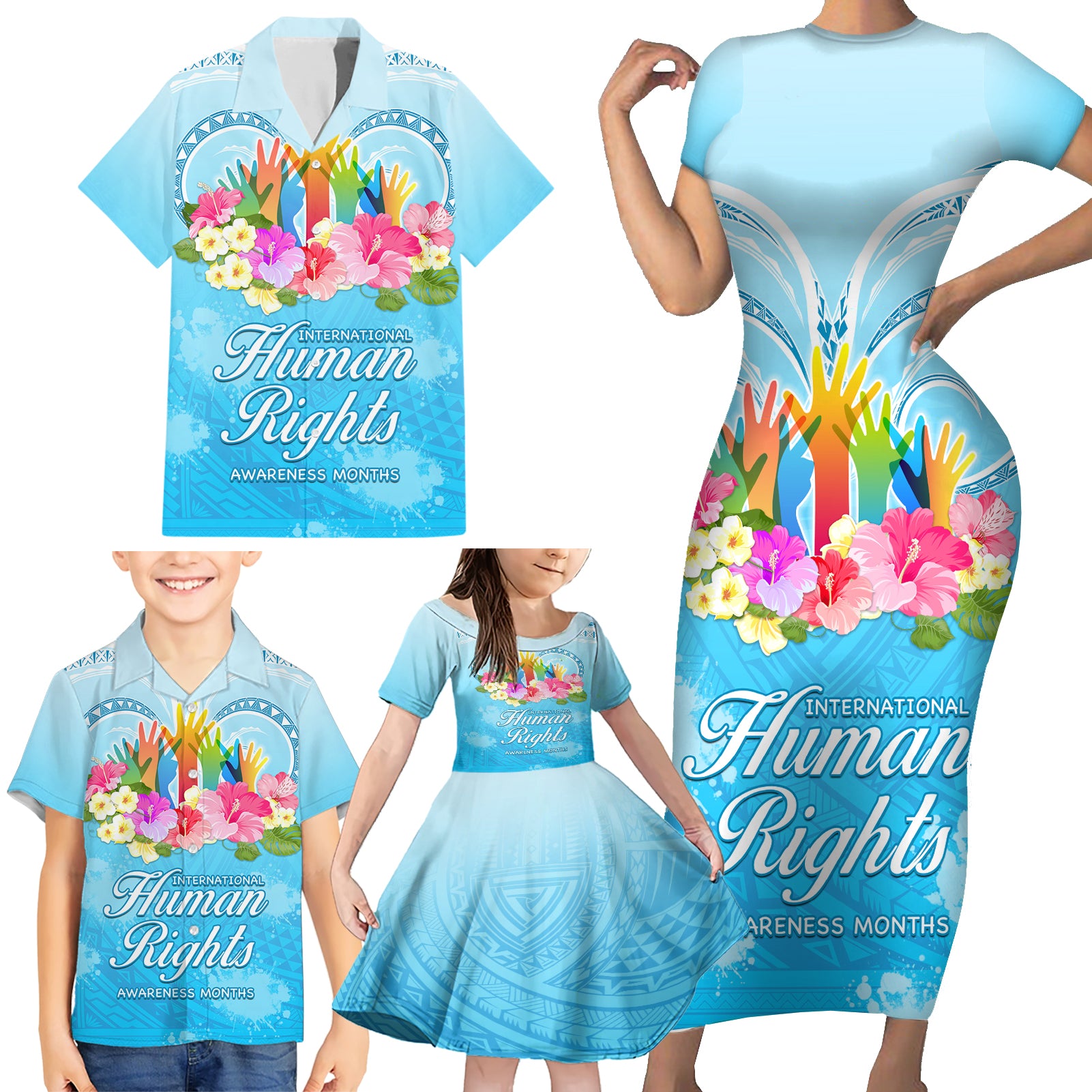 Universal Human Rights Month Family Matching Short Sleeve Bodycon Dress and Hawaiian Shirt Polynesian Style LT05 - Polynesian Pride