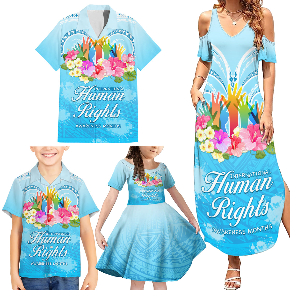 Universal Human Rights Month Family Matching Summer Maxi Dress and Hawaiian Shirt Polynesian Style LT05 - Polynesian Pride