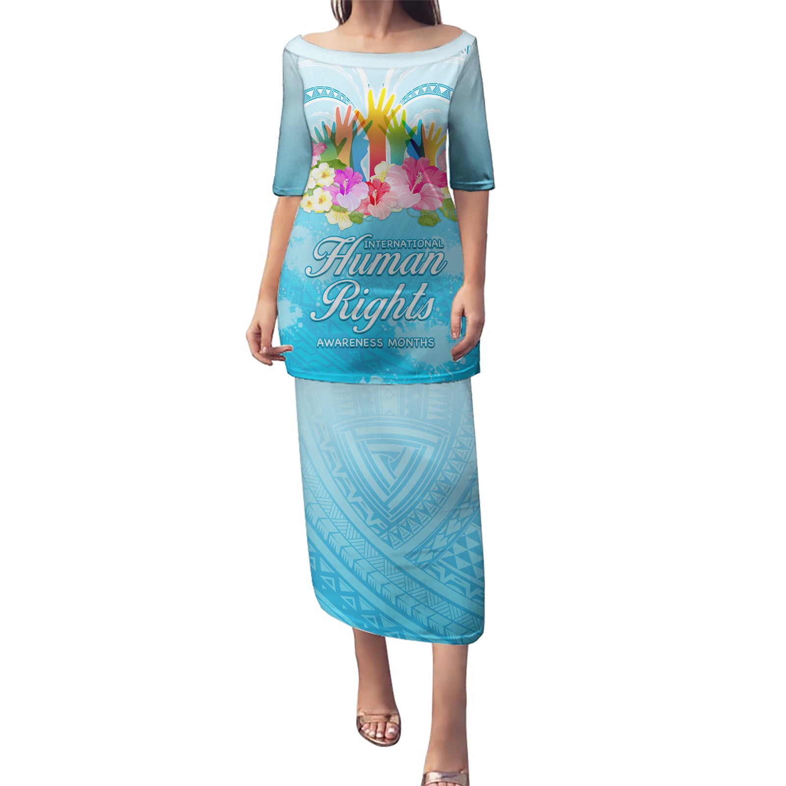 Universal Human Rights Month Puletasi Polynesian Style LT05 Long Dress Blue - Polynesian Pride