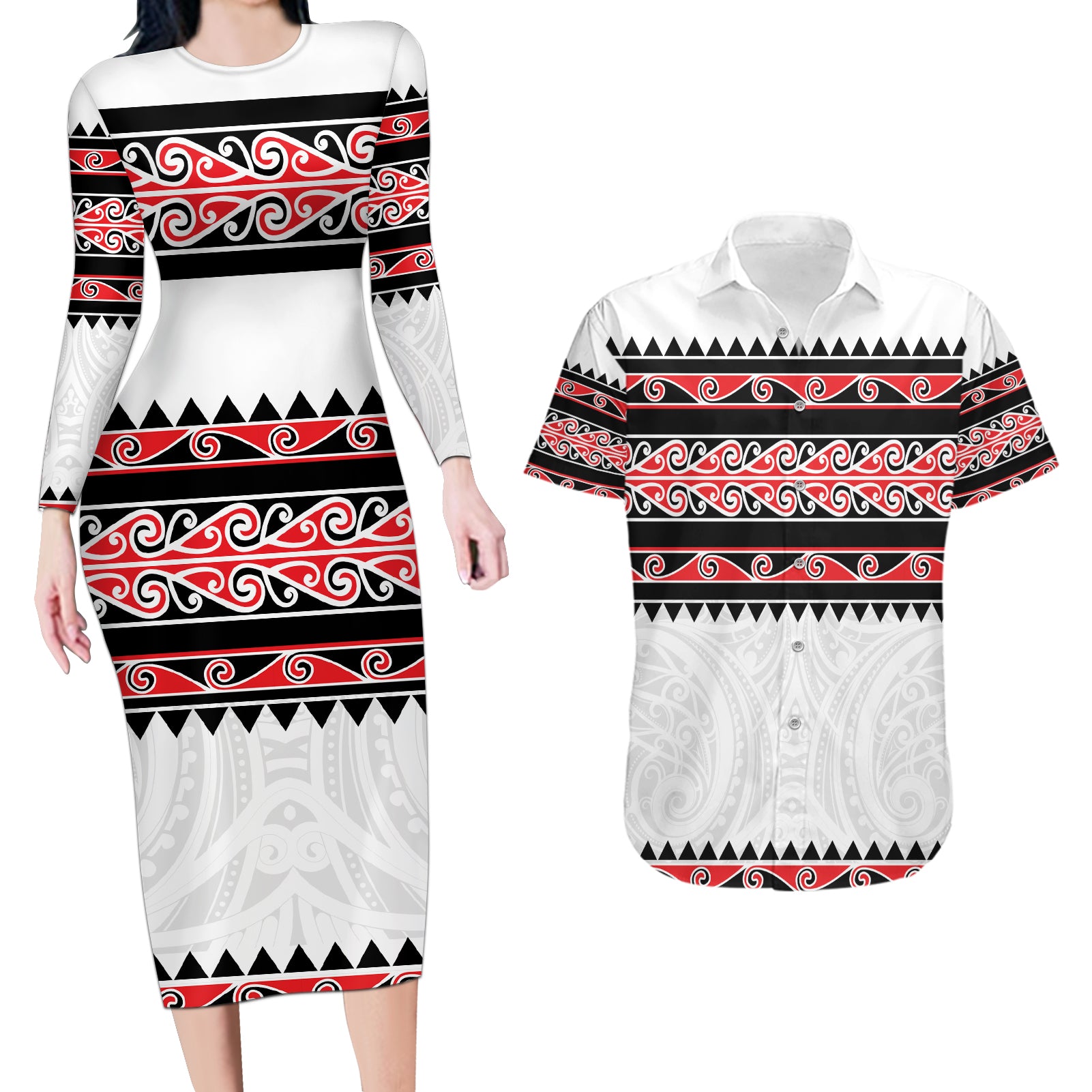 New Zealand Aotearoa Couples Matching Long Sleeve Bodycon Dress and Hawaiian Shirt With Kowhaiwhai Pattern Red Version LT05 Red - Polynesian Pride