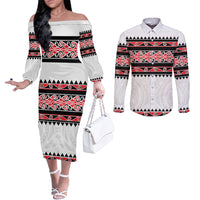 New Zealand Aotearoa Couples Matching Off The Shoulder Long Sleeve Dress and Long Sleeve Button Shirt With Kowhaiwhai Pattern Red Version LT05 Red - Polynesian Pride