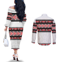New Zealand Aotearoa Couples Matching Off The Shoulder Long Sleeve Dress and Long Sleeve Button Shirt With Kowhaiwhai Pattern Red Version LT05 - Polynesian Pride