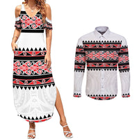 New Zealand Aotearoa Couples Matching Summer Maxi Dress and Long Sleeve Button Shirt With Kowhaiwhai Pattern Red Version LT05 Red - Polynesian Pride