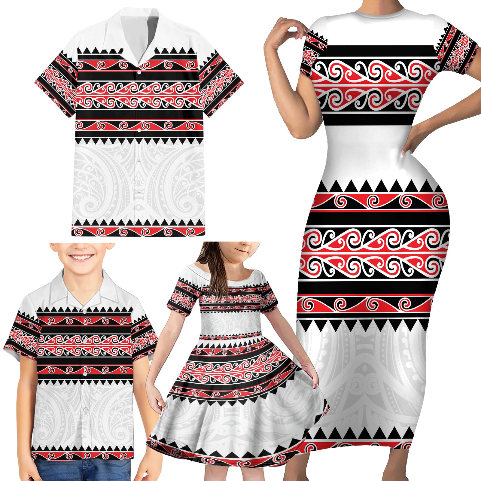 New Zealand Aotearoa Family Matching Short Sleeve Bodycon Dress and Hawaiian Shirt With Kowhaiwhai Pattern Red Version LT05 - Polynesian Pride