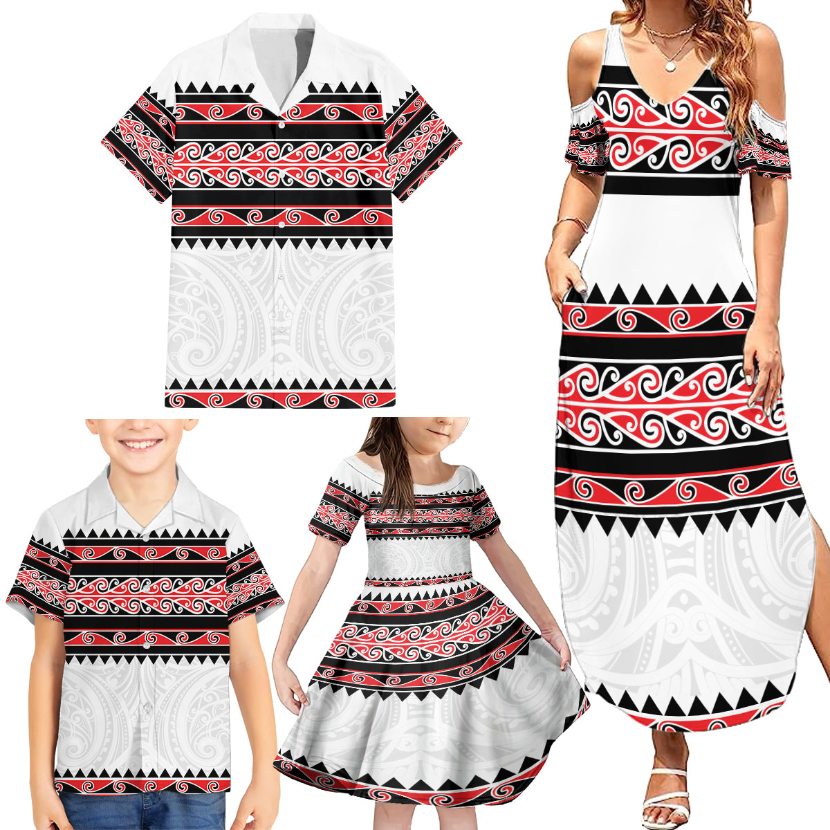 New Zealand Aotearoa Family Matching Summer Maxi Dress and Hawaiian Shirt With Kowhaiwhai Pattern Red Version LT05 - Polynesian Pride