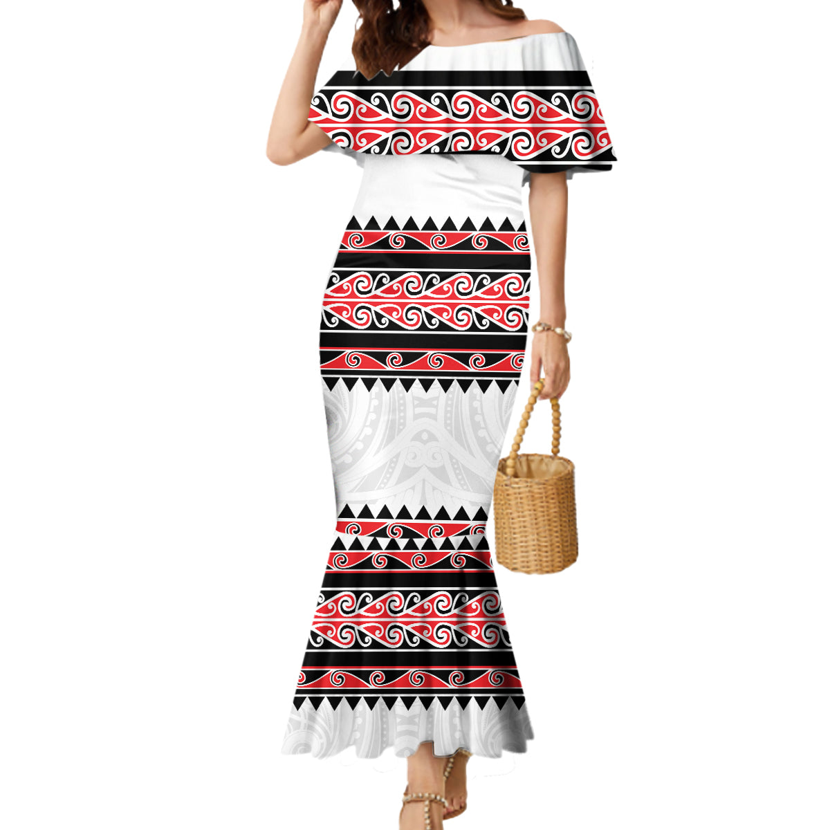 New Zealand Aotearoa Mermaid Dress With Kowhaiwhai Pattern Red Version LT05 Women Red - Polynesian Pride